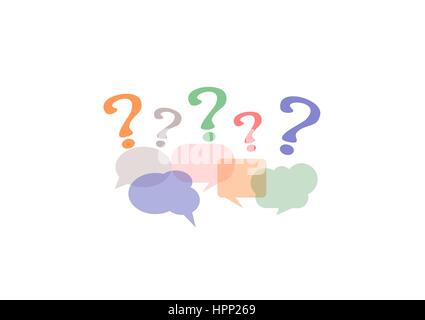 Sprechblasen und Fragezeichen. Bunte Messageboxen mit Fragen. Fragen und Antworten Konzept. FAQ. Fragen Sie uns, mehr Informationen, Hilfe, Unterstützung. Stock Vektor