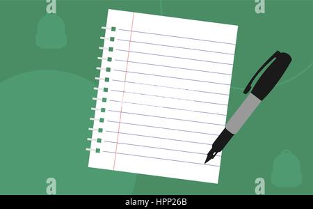 Notebook Papier mit Stift und Platz für Text auf grünem Hintergrund. Leere Arbeitsmappe Seite mit Füllfederhalter. Leeres Blatt Papier ausgekleidet mit metallischen Spirale. Stock Vektor