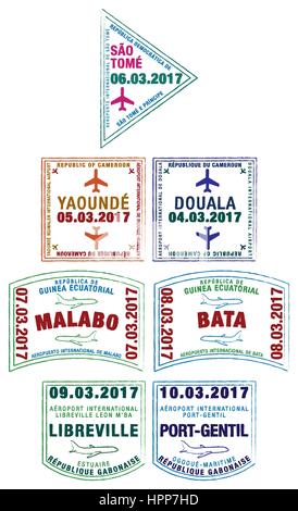 Stilisierte Passstempel von São Tomé und Príncipe, Kamerun, Äquatorialguinea und Gabun im Vektor-Format. Stock Vektor