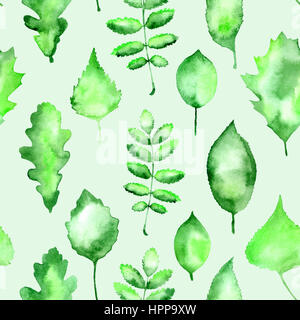 Aquarell grüne Blätter Musterdesign Abbildung. Abstrakte Aquarell Papier texturiert Frühling lässt Isoleted auf hellem Hintergrund Stockfoto