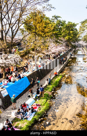 Hohen winkel Sicht von Menschen, die Kirschblüte Parteien entlang den Ufern des Flusses Shukugawa in Japan im Frühling. Stockfoto