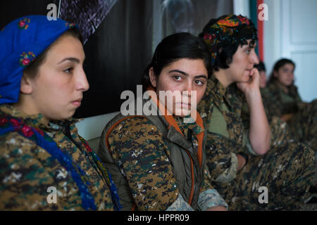 Yeziden Kämpferinnen einige im Alter von 14 Jahren mit der neu gebildeten Frauen Êzidxan Frauen Einheiten (YJÊ) Teil des The Sinjar Widerstandseinheit Stockfoto