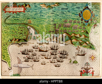 Diese Karte zeigt Sir Francis Drake Kapern Flotte angreifen Ribeira Grande aus der Vogelperspektive der Hauptstadt Santiago, die größte Insel der Kapverden im Jahre 1585. 1589 veröffentlicht in London. Stockfoto