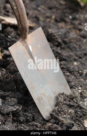 Nahaufnahme von Spaten graben Boden im Garten Stockfoto