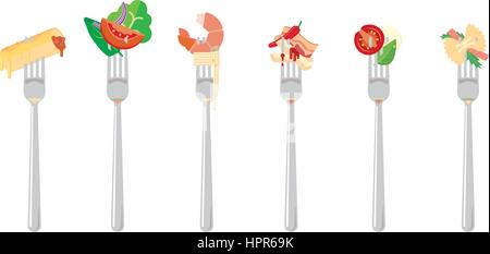 flaches Design-Vektor-Illustration von verschiedenen italienischen Gerichten Portionen auf Gabeln Stock Vektor