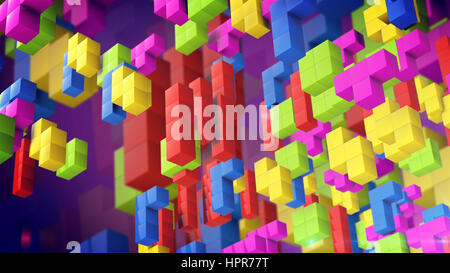 Schöne Tetris game Figuren fallen auf violettem Hintergrund. 3D-Rendering. Stockfoto