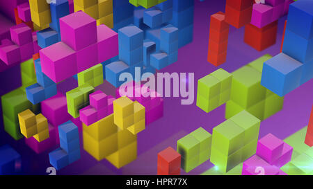 3D-Rendering Tetris Stücke fallen auf lila Hintergrund. Das Konzept des logischen Denkens. Stockfoto