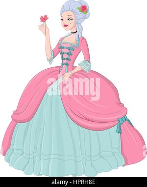 Rokoko Dame im rosa Kleid. Vektor-Illustration isoliert auf weiss Stock Vektor