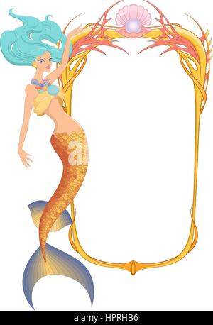 Meerjungfrau mit Rahmen. Vektor-Illustration isoliert auf weißem Hintergrund. Stock Vektor