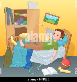 Fauler junge auf Bett liegend mit Tablet. Vektor-Illustration. Stock Vektor