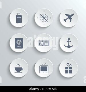 Reise-Icons Set - Vektor-weiße Runde Knöpfe mit Flugzeug Kompass Koffer Anker Ticket Pass Kaffee tv Geschenk Symbole Stock Vektor