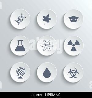 Wissenschaft Icons Set - Vektor weiß Runde Tasten mit DNA-Ahorn Blatt Graduierung GAP Atom Radioaktivität Bio Hazard Labor Glühbirne Globus Tropfen Wasser Stock Vektor