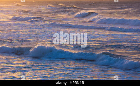 Dunedin, Otago, Neuseeland. Mächtige Wellen im Pazifischen Ozean vor St Clair Beach, Sonnenaufgang. Stockfoto
