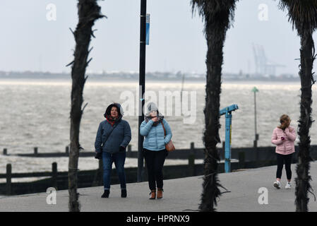 Menschen zu Fuß entlang Southend direkt am Meer bei Sturm Doris Stockfoto