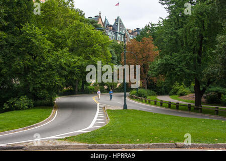 Promenade entlang der Allee mit Bänken im Central Park, New York, USA Stockfoto