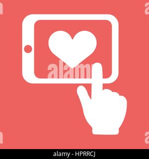 Hände halten Tablet mit Herz unterzeichnen Vektor flache weiße Symbol auf rotem Hintergrund isoliert. Hand gezeichnet. Stock Vektor