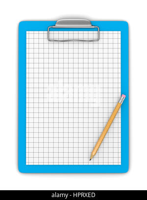 Blaue Zwischenablage mit Bleistift und leere Zeichenpapier mit Maßeinteilung auf weißem Hintergrund 3D Illustration Stockfoto