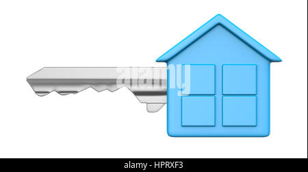 Einem einzigen Metallschlüssel mit blauem Kunststoff Kopf in der Form eines Hauses, Isolated on White Background 3D Illustration Stockfoto