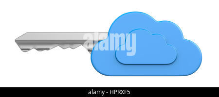 Einem einzigen Metallschlüssel mit blauen Kunststoffkopf in Form von Cloud isoliert auf weißem Hintergrund 3D Illustration Stockfoto