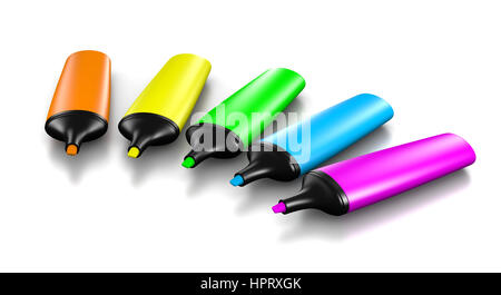 Bunte Textmarker-Set auf weißem Hintergrund 3D Illustration Stockfoto