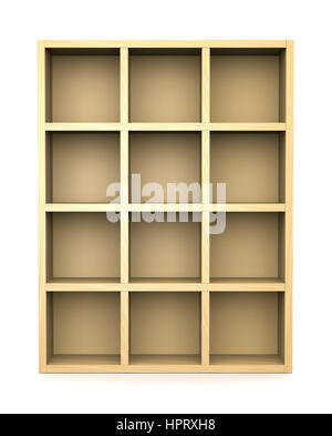 Leer aus Holz Bücherregal auf weißem Hintergrund Stockfoto