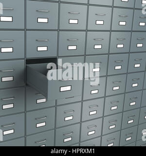 Metallische Archiv-Rack mit einer leeren Schublade 3D Illustration Stockfoto