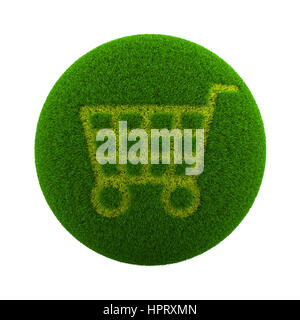 Green Globe mit Rasen geschnitten in Form einer Shopping Cart 3D Illustration, Isolated on White Background Stockfoto