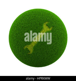 Green Globe mit Rasen geschnitten in Form einer Schraubenschlüssel 3D Illustration, Isolated on White Background Stockfoto