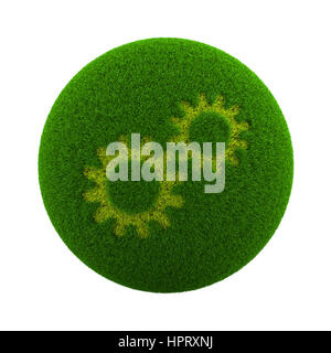 Green Globe mit Rasen geschnitten in Form von Zahnrädern 3D Illustration, Isolated on White Background Stockfoto