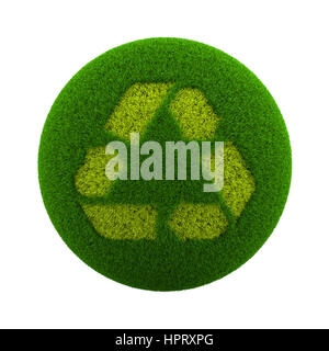 Green Globe mit Rasen geschnitten in Form von Recycling Symbol 3D-Illustration, Isolated on White Background Stockfoto
