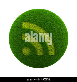 Green Globe mit Rasen geschnitten in Form von RSS-Symbol 3D-Illustration, Isolated on White Background Stockfoto