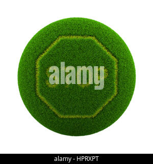 Green Globe mit Rasen geschnitten in Form von Stop Text Zeichen 3D Illustration Isolated on White Background Stockfoto