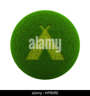 Green Globe mit Rasen geschnitten in Form einer Camping Zelt Symbol 3D Illustration Isolated on White Background Stockfoto
