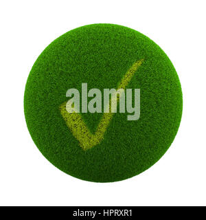 Green Globe mit Rasen geschnitten in Form eines V-Check Symbol 3D-Illustration, Isolated on White Background Stockfoto