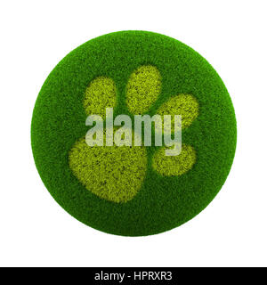 Green Globe mit Rasen geschnitten in Form einer Hund Fußabdruck 3D Illustration, Isolated on White Background Stockfoto