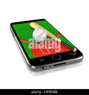 Baseball-Feld mit Ball und Schläger auf Smartphone-Display 3D Illustration, Isolated on White Background Stockfoto