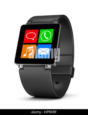 Schwarzen Smartwatch mit App-Symbole auf dem Display auf weißem Hintergrund 3D Illustration Stockfoto