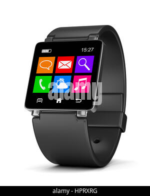 Schwarzen Smartwatch mit App-Symbole, Zeit und Akkuladestand auf weißem Hintergrund 3D Illustration Stockfoto