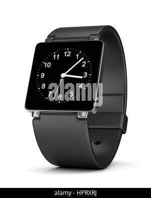 Schwarzen Smartwatch mit Analoguhr auf dem Display auf weißem Hintergrund 3D Illustration Stockfoto