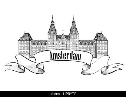 Amsterdam Wahrzeichen. Hauptbahnhof, Niederlande historische Gebäude Symbol. Hand gezeichnete Skizze Symbol Stock Vektor