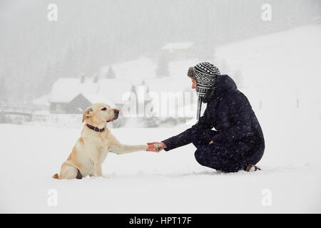 Mann spielt mit seinem gelben Labrador Retriever in Winterlandschaft Stockfoto