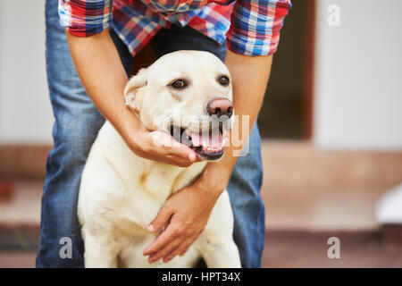 Mann mit seinem gelben Labrador retriever Stockfoto