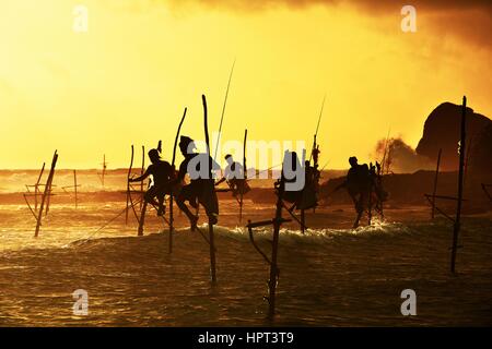 Silhouetten der traditionellen Fischer bei Sonnenuntergang in der Nähe von Galle in Sri Lanka. Stockfoto