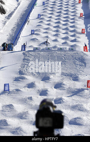 Chongli, Chinas Provinz Hebei. 25. Februar 2017. Ein Konkurrent tritt während der 2016-2017 Thaiwoo FIS Freestyle Skiing Moguls WM in Chongli, Nordchinas Provinz Hebei, 25. Februar 2017. Bildnachweis: Bi 明明/Xinhua/Alamy Live-Nachrichten Stockfoto