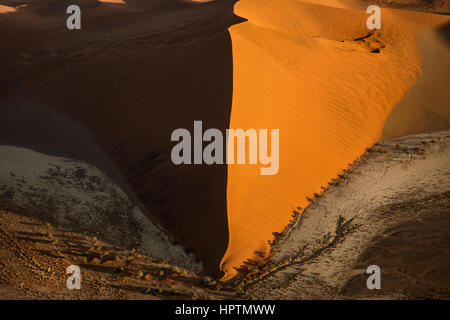 Luftaufnahme von einer roten Sanddüne der Namib-Wüste Namib-Naukluft-Nationalpark, Namibia, Afrika, bei Sonnenaufgang. Stockfoto