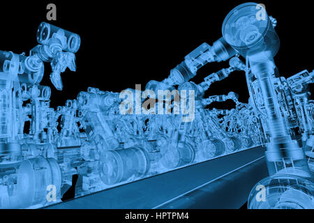 3D-Rendering x Ray Roboterarm mit Förderstrecke isoliert auf schwarz Stockfoto