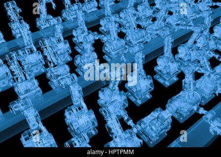 3D-Rendering x Ray Roboterarm mit Förderstrecke isoliert auf schwarz Stockfoto