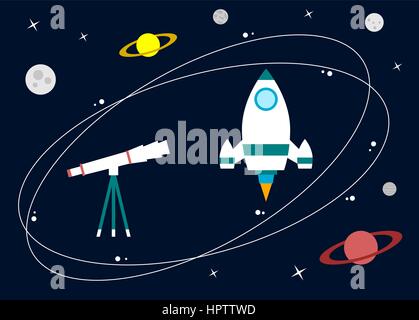 Astronomie Konzept mit Rucola, Teleskop, Planeten und Sterne. Raumfahrt, Universum Exploration, Konzept. Galaxy und umkreist. Discovery, suchen Stock Vektor