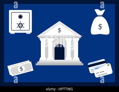 Banking Services Konzept. Die finanziellen Transaktionen, sicheres Banking, Geld sparen, Handel, Sicherheit, Konzept. Bank Gebäude mit Geld, Kreditkarte, Safe Stock Vektor