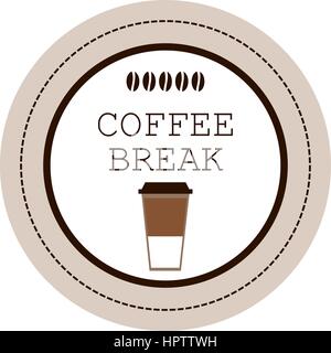 Kaffeepause anmelden oder Logo. Runde Plakette mit Einweg- Cup und Kaffeepause Text. Stempel, Symbol, Emblem für Kaffeepause. Cafe Schriftzug. Kaffee trinken gehen. Stock Vektor